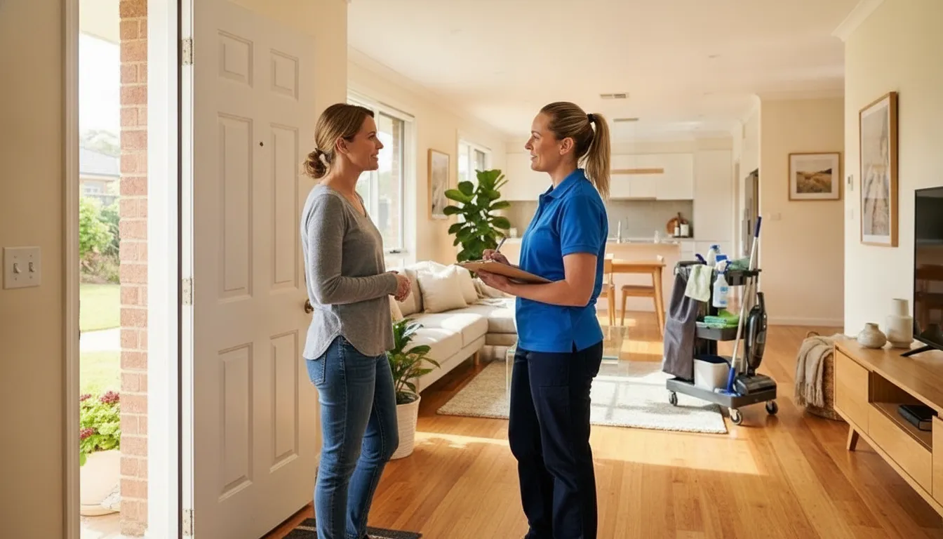 Homeowner discussing cleaning priorities with a professional at a Norman home entry