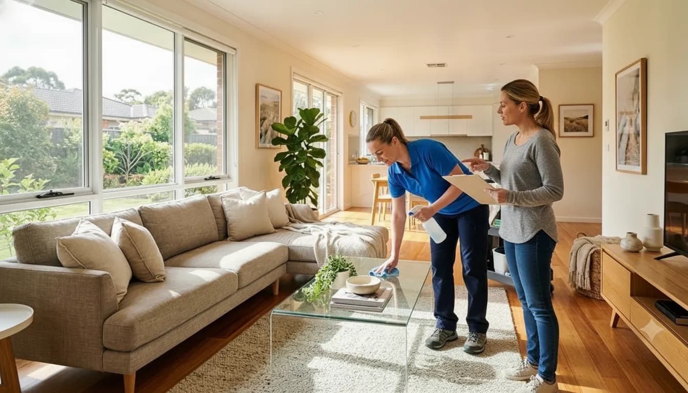 Homeowner reviewing cleaning priorities with a professional cleaner in Norman