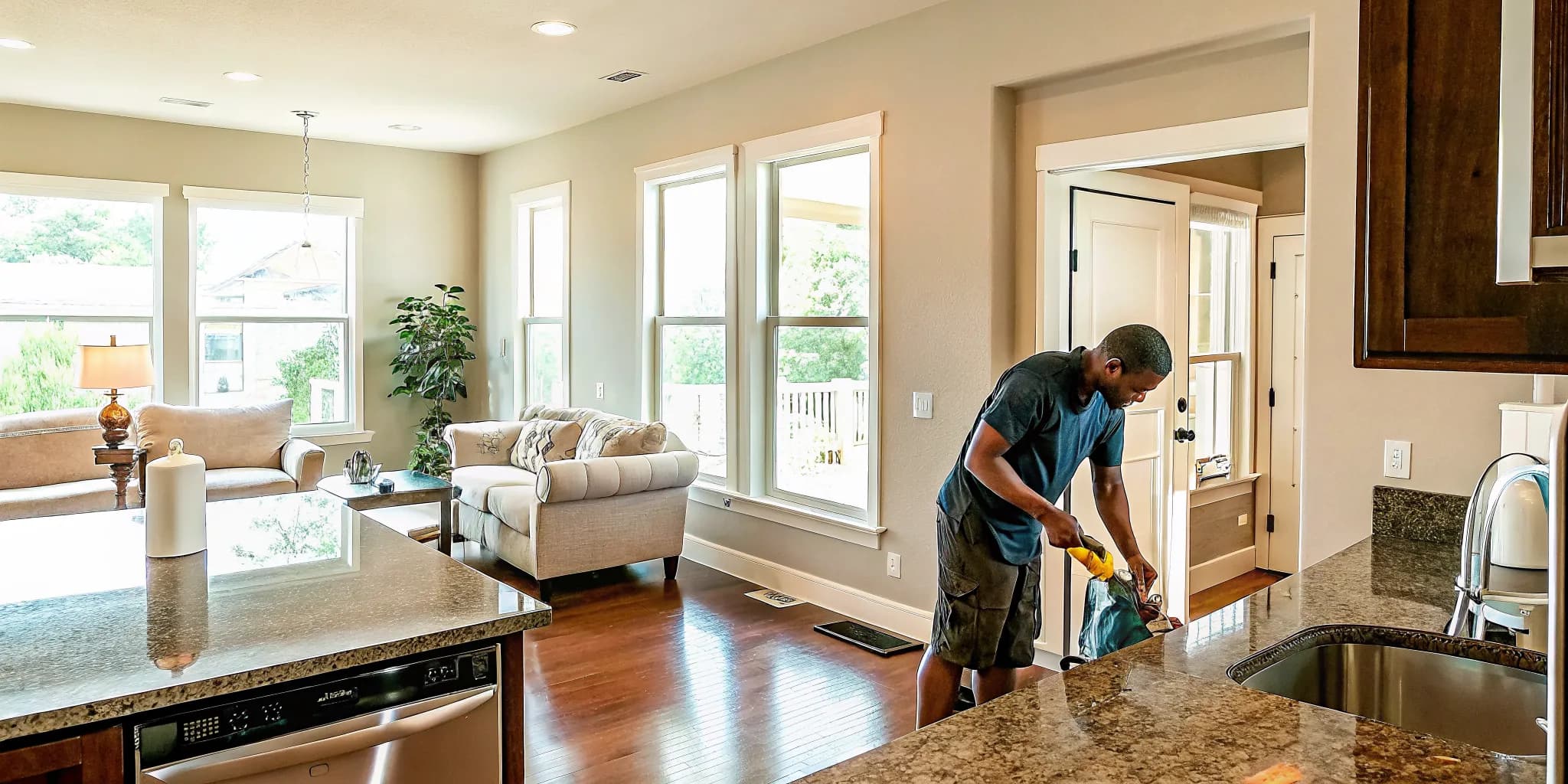 Professional cleaner preparing a staged Norman home for buyer showings