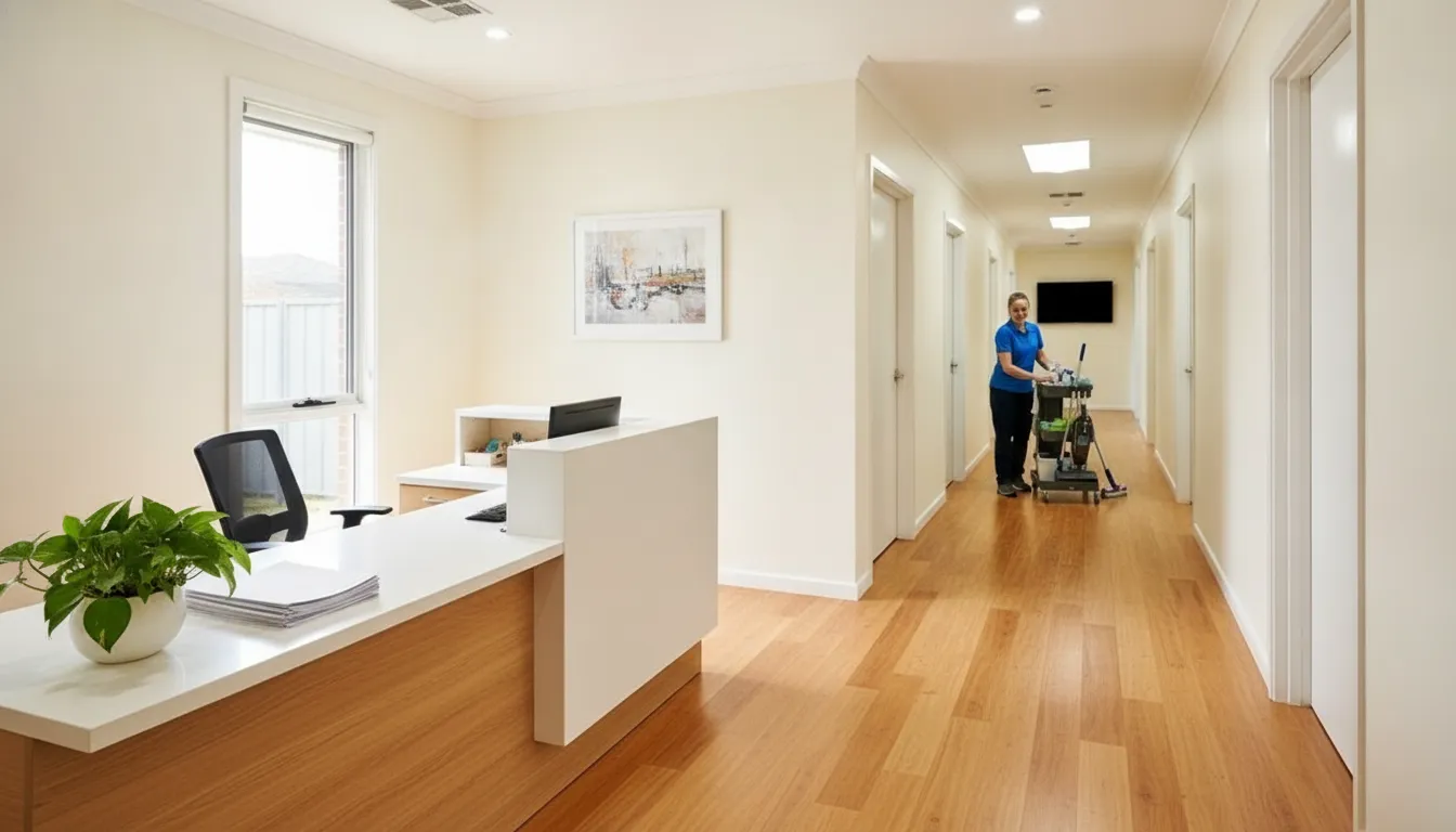 Professional cleaner maintaining a bright medical office