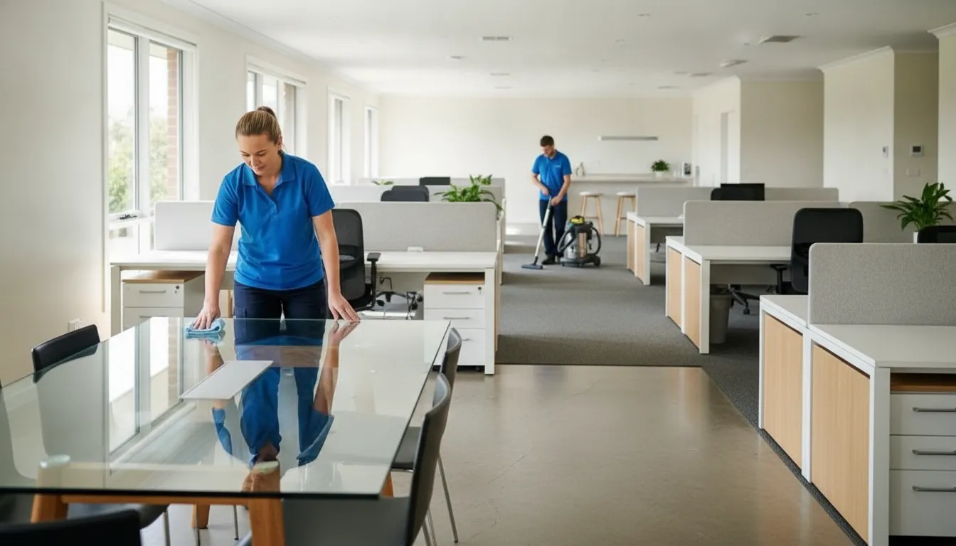 Commercial cleaning technician cleaning a bright modern Oklahoma City office workspace
