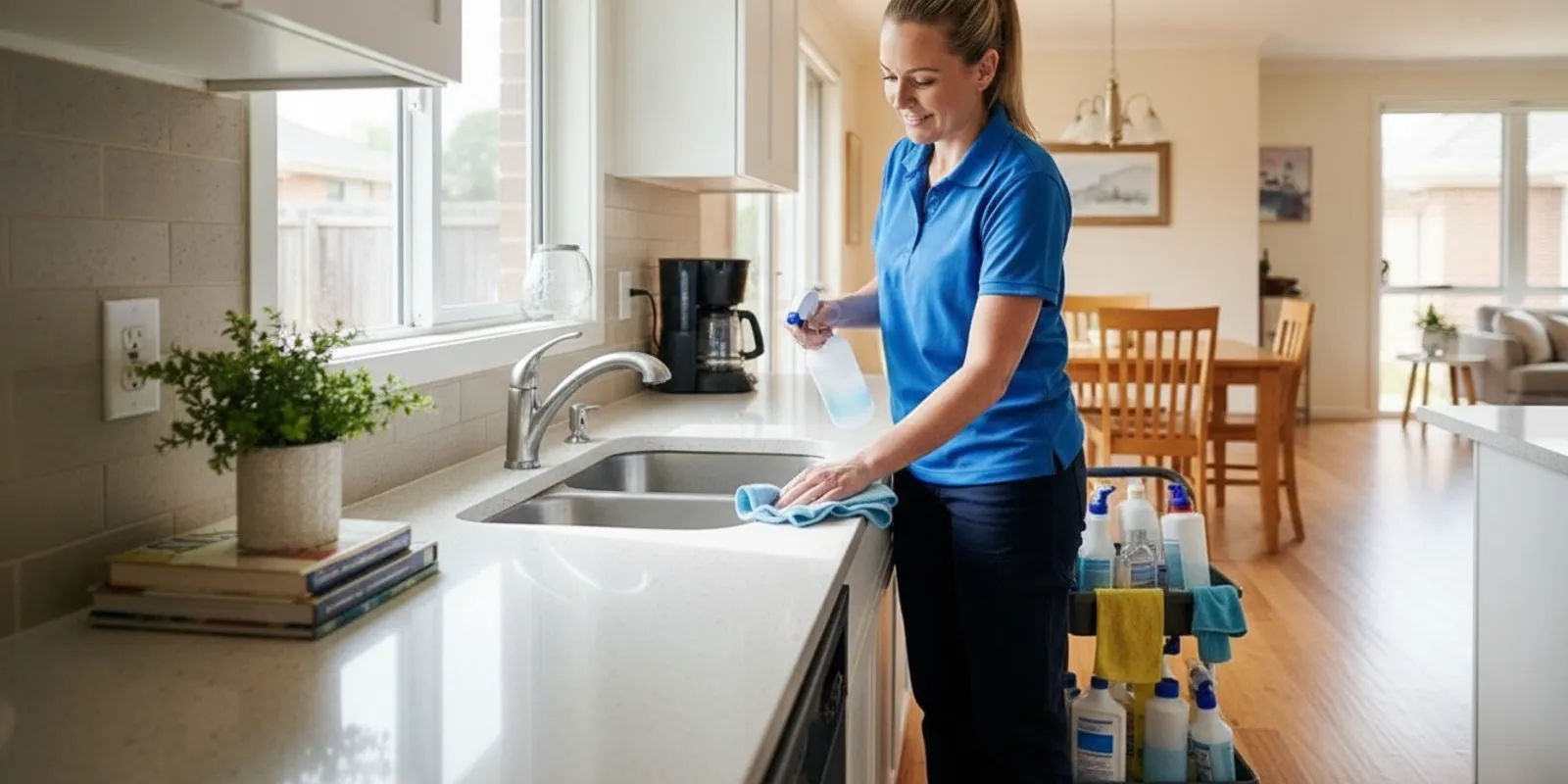 A professional cleaner wiping a bright, lived-in home kitchen during a one-time cleaning visit