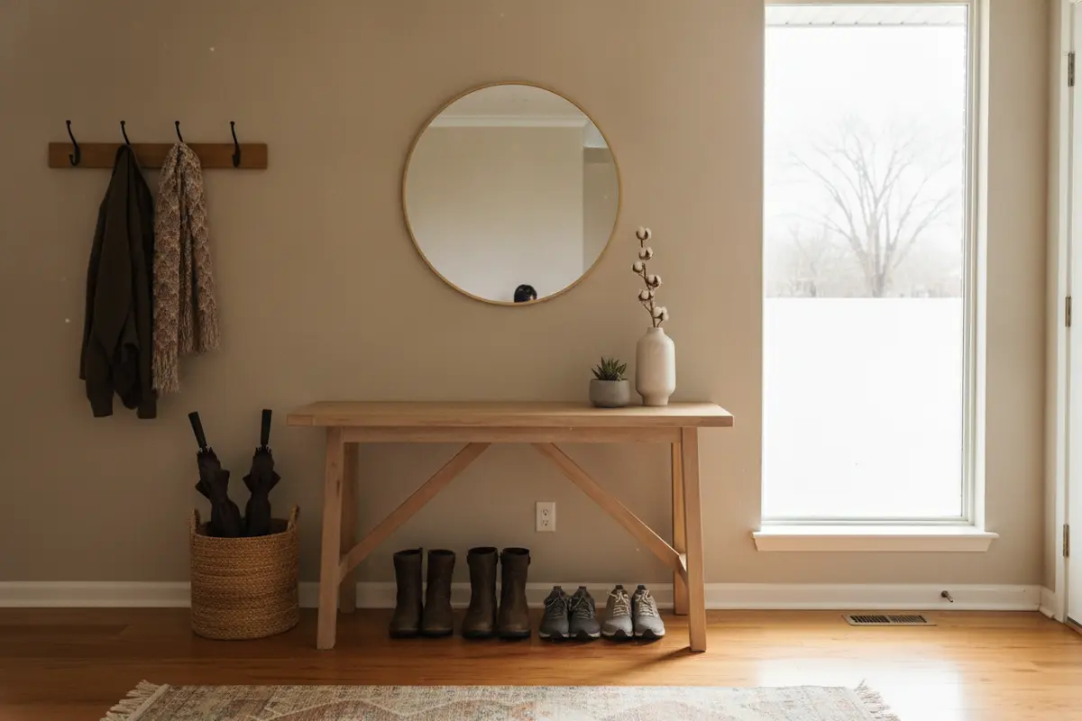 Organized Oklahoma home entryway with coats and shoes put away
