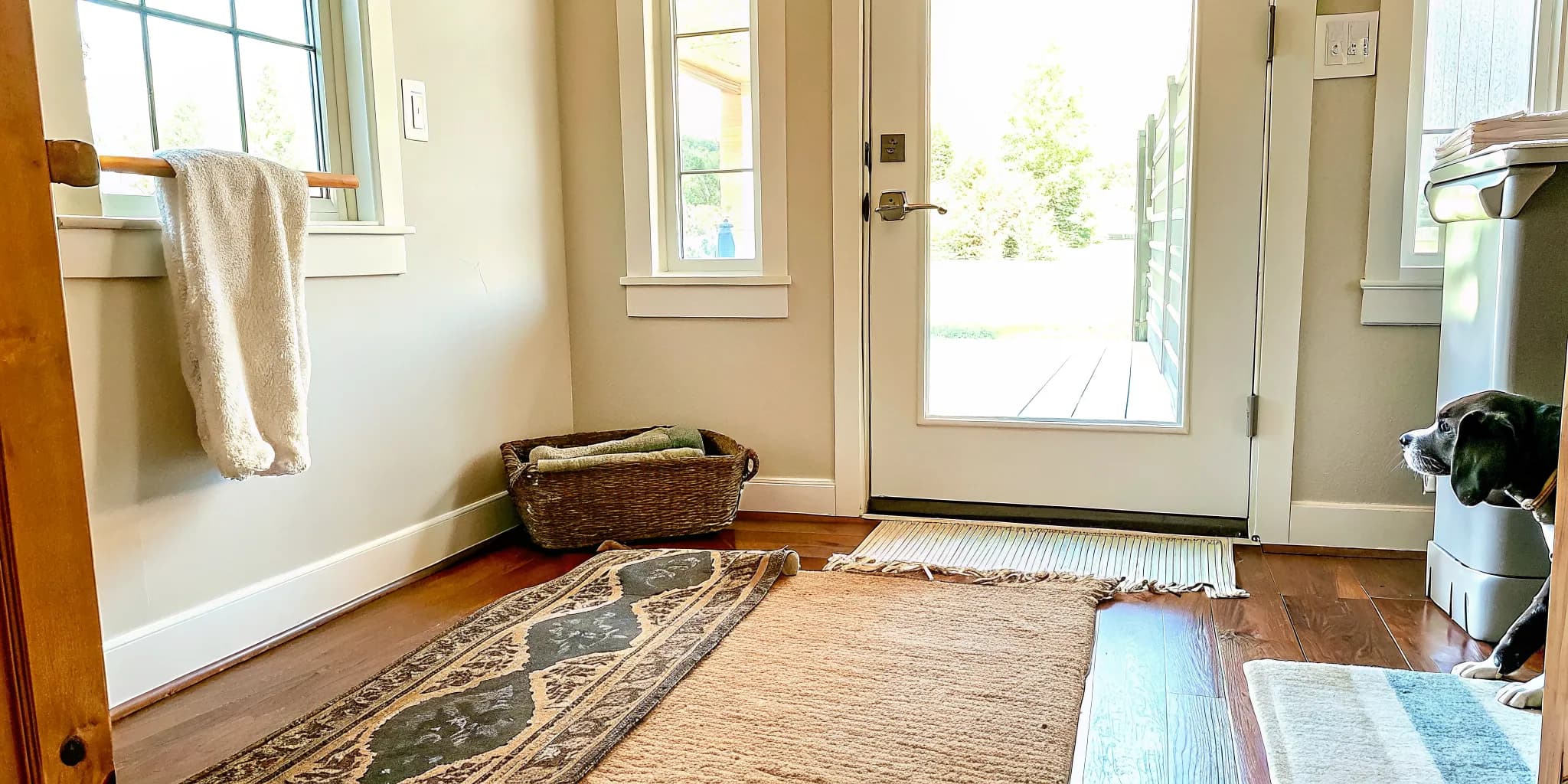 Pet paw cleaning station for stopping Oklahoma red dirt at the door