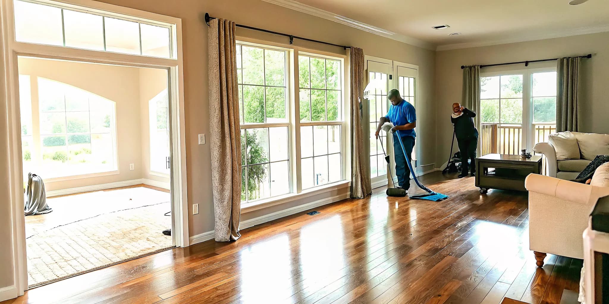 Professional cleaners removing construction dust in a bright Oklahoma City living room after renovation