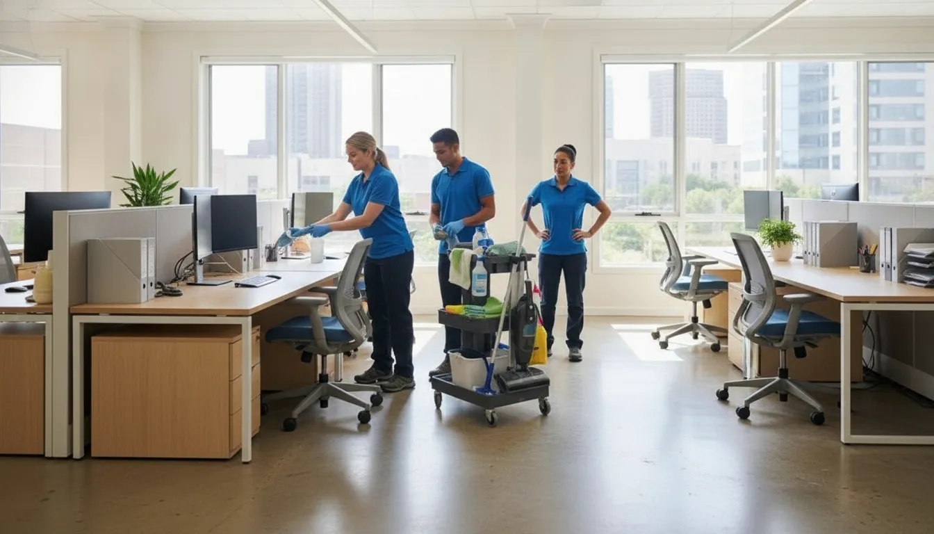 Professional cleaning team preparing an Oklahoma City office