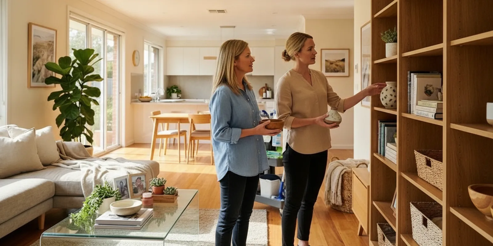 A professional home organizer and homeowner sorting items on shelves in a bright, lived-in room