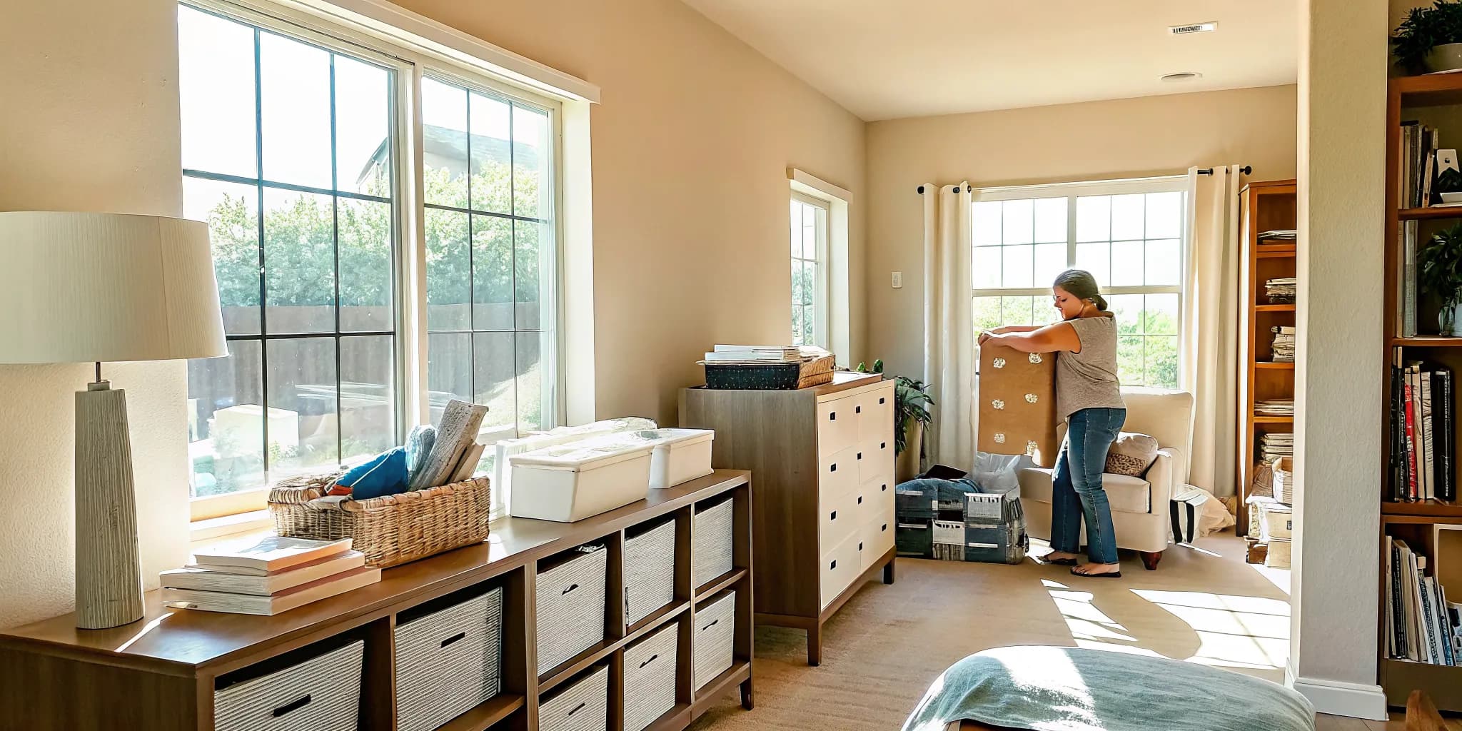 Professional organizer arranging items on shelves in a bright Oklahoma City home