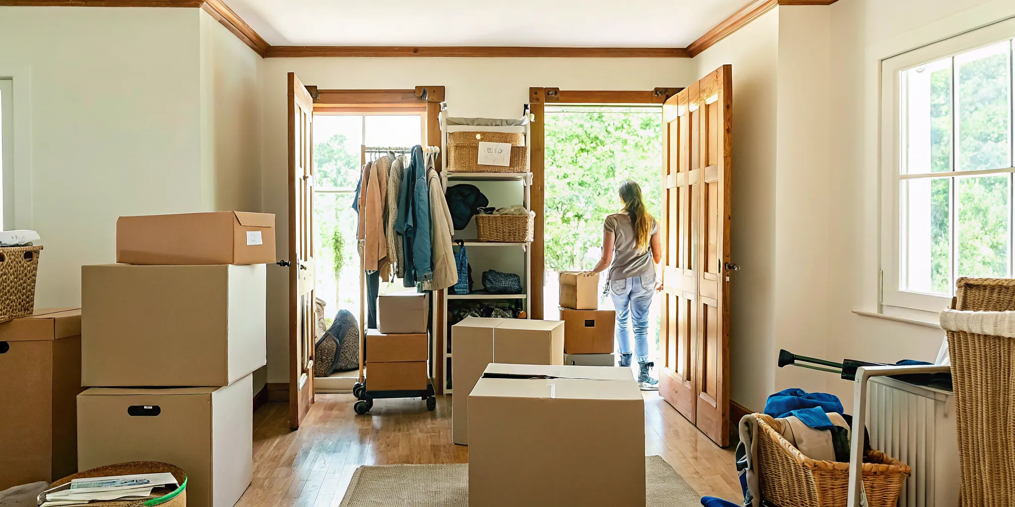Homeowner and professional organizer sorting belongings for a downsizing move