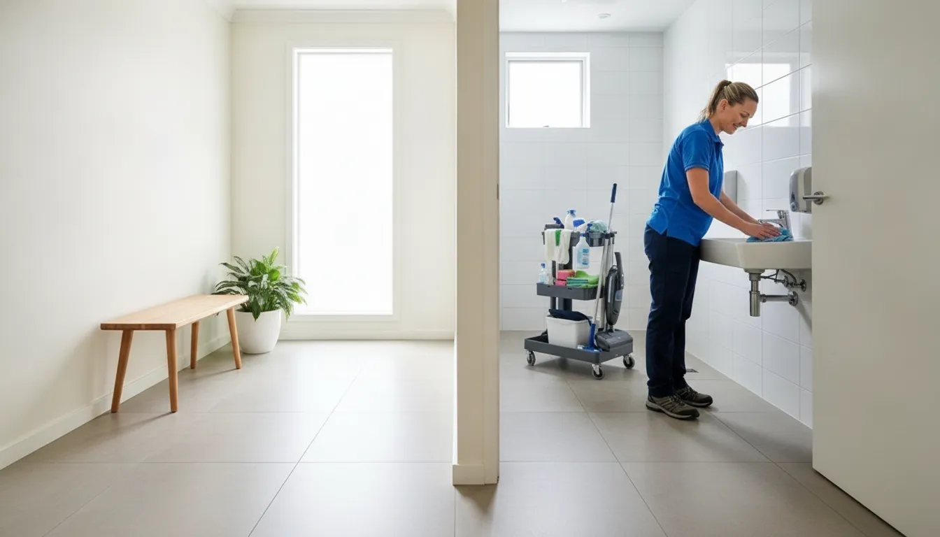 Professional cleaner maintaining an office restroom and entry area