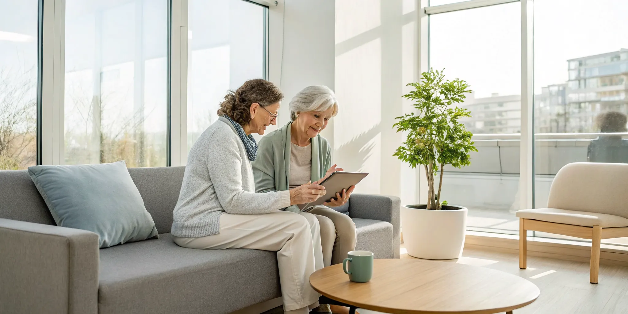 Two senior women exploring senior care options together on a tablet.