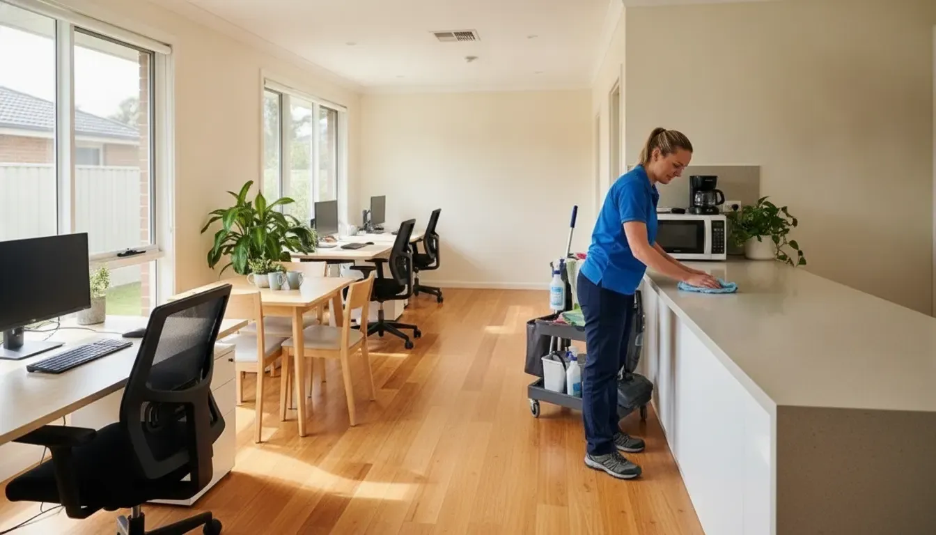 Commercial cleaning in a small office breakroom and shared workspace