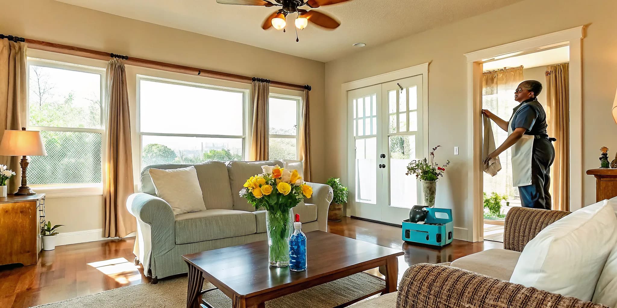 Professional cleaner dusting ceiling fans and light fixtures during a spring cleaning service in an Oklahoma City home
