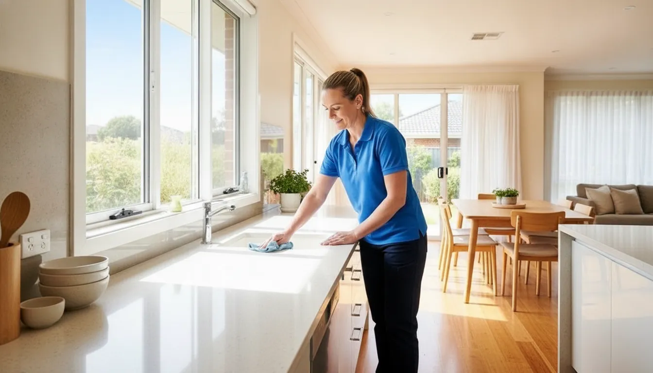 Professional cleaner refreshing a bright Oklahoma home kitchen during spring cleaning