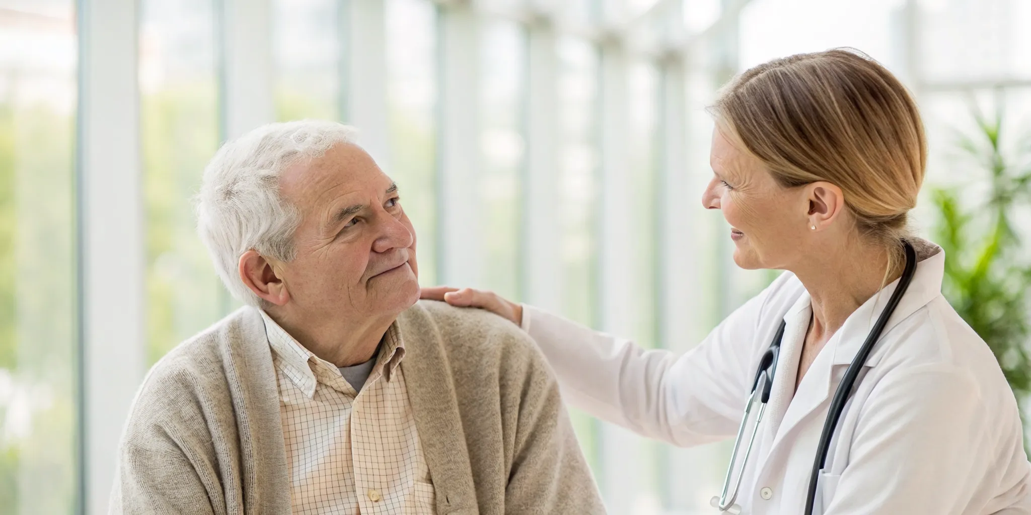 Doctor comforting an elderly man during a dementia consultation.