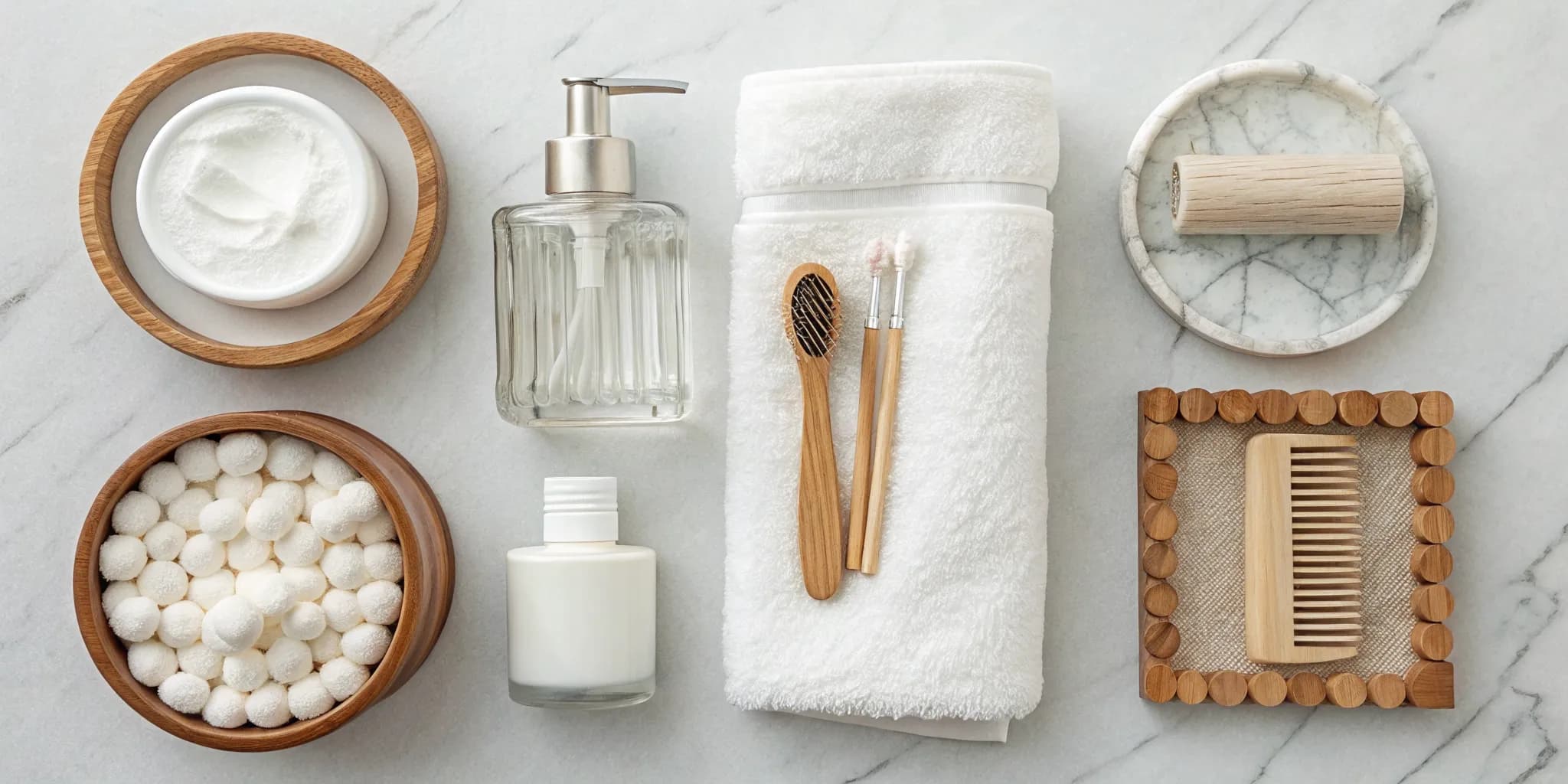 An arrangement of daily personal care products used for hygiene and grooming.