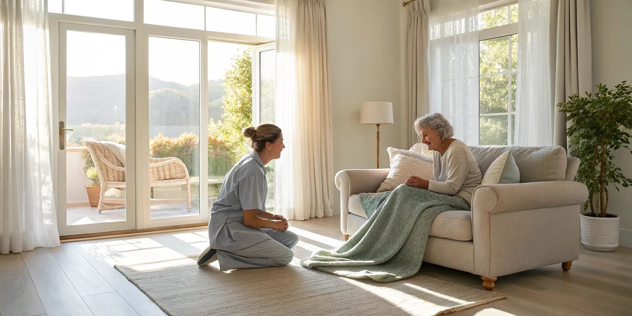 A caregiver provides respite care and support to an elderly woman at home.