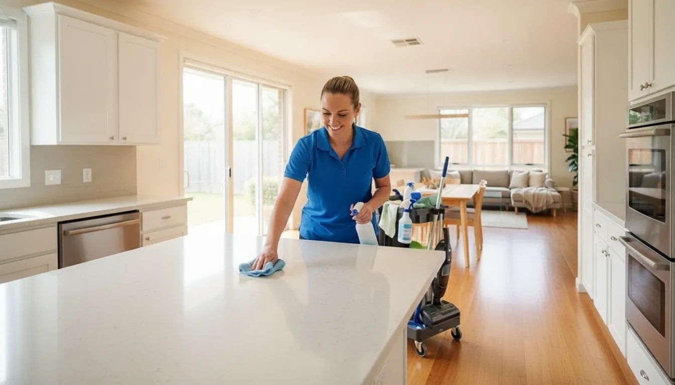A professional house cleaner wiping a kitchen counter in a bright Oklahoma City home