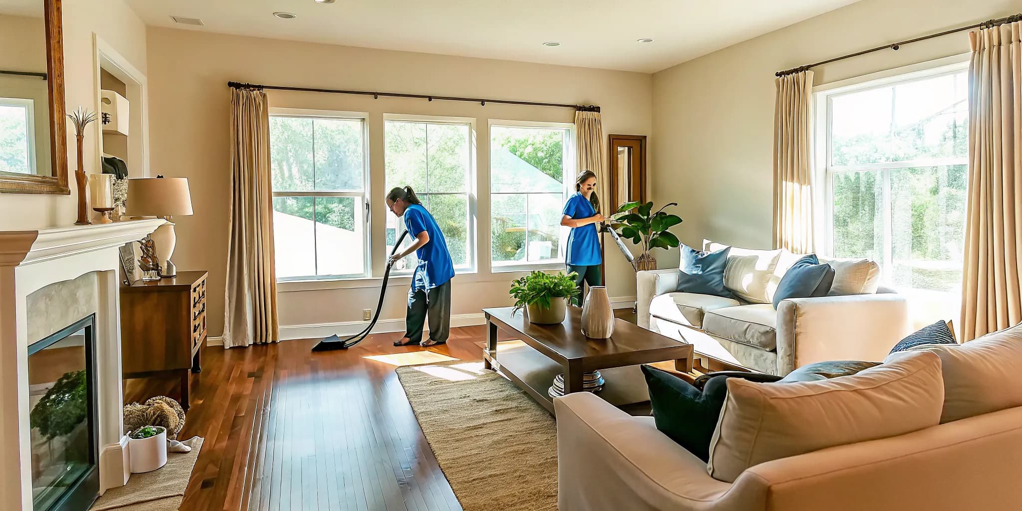 Professional house cleaner dusting surfaces in a bright Oklahoma City home, improving indoor air quality